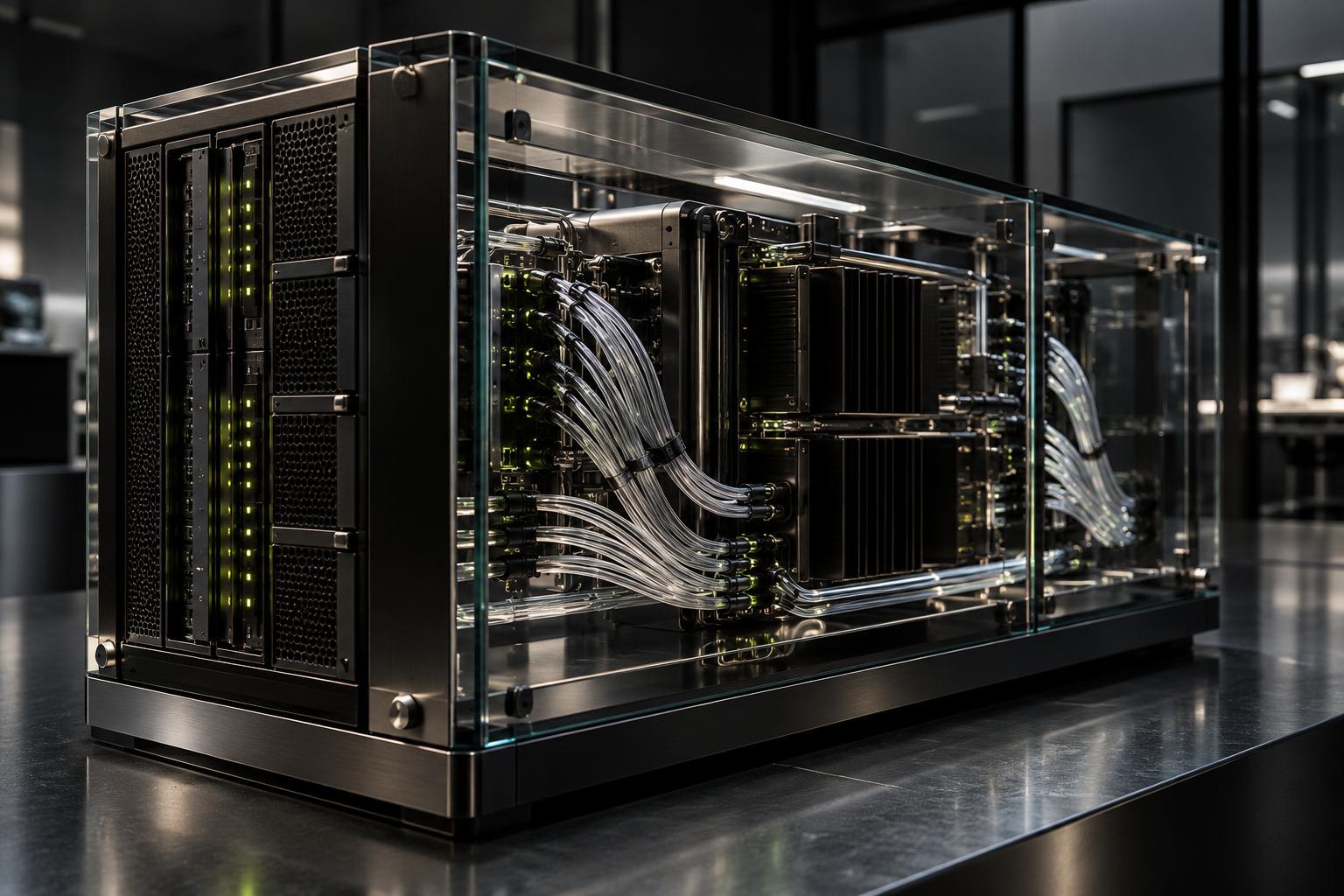 AI-generated photograph of precision computing hardware in a protective enclosure